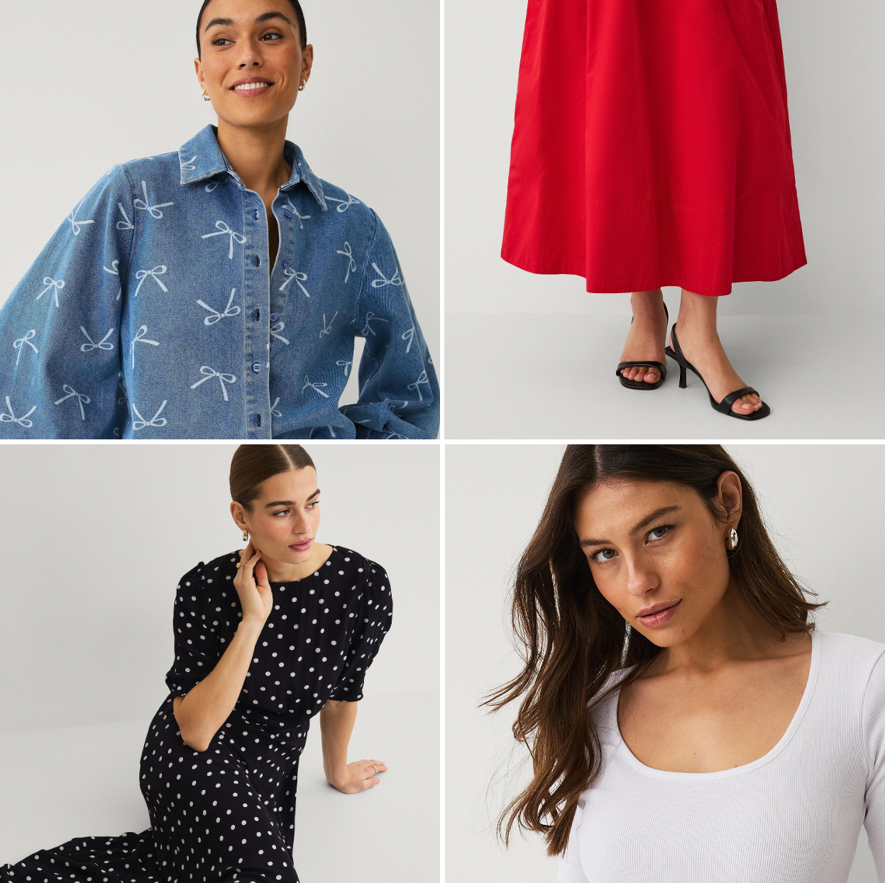 Kvinde i blå denimskjorte med hvid sløjfebroderi, stylet i minimalistisk studie. Rød midinederdel kombineret med sorte sandaler med hæl, fotograferet mod lys baggrund. Sorte bukser med hvide prikker kombineret med røde sandaler, fotograferet i studie. Kvinde i hvid ribbet top med rund hals, fotograferet i minimalistisk studie.